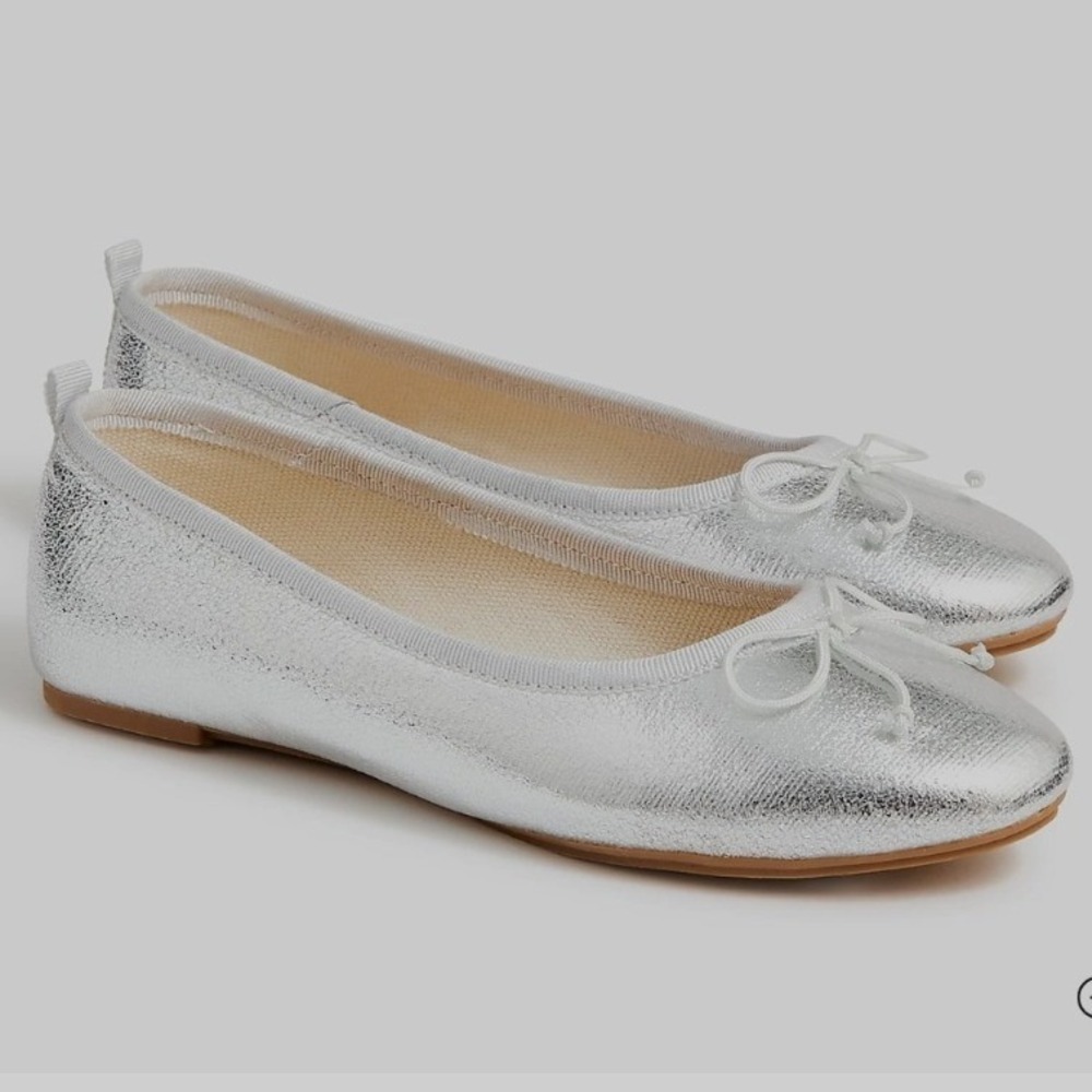 Crewcuts J.Crew Girls Silver Metallic Ballet Flats Bow Shoes Size 2 NEW $60